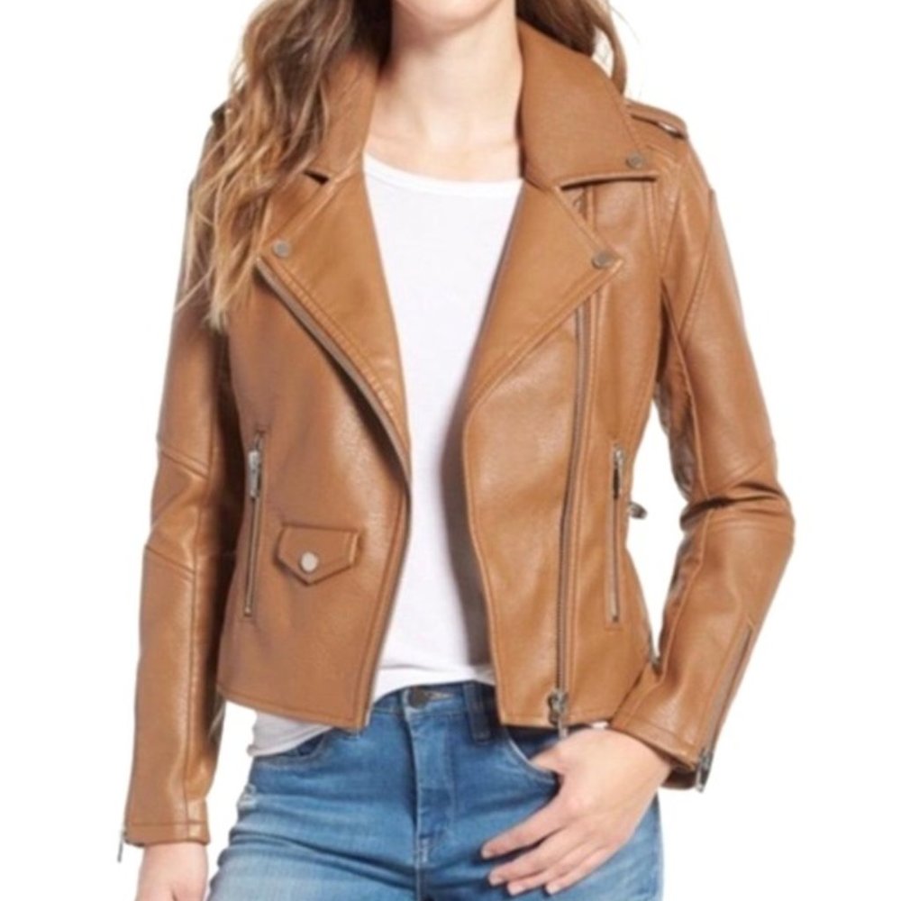 Blank NYC Cognac Faux Leather Moto Jacket